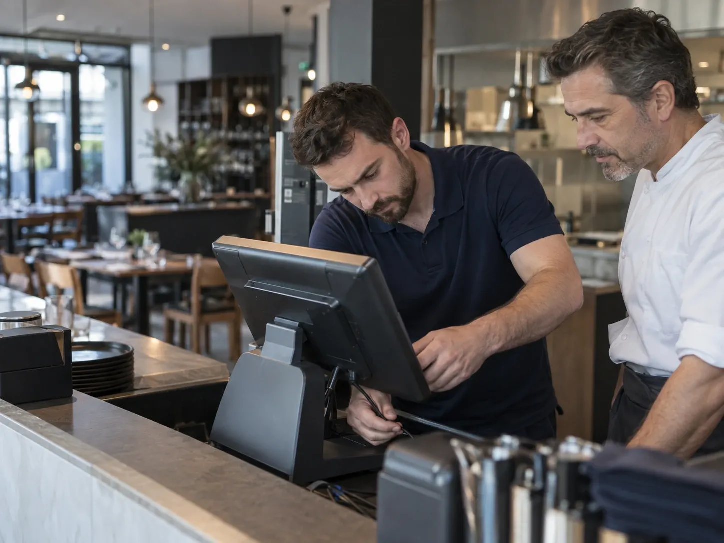Un technicien raccorde un écran de caisse derrière le comptoir, pendant que le chef de l'établissement observe l'installation.